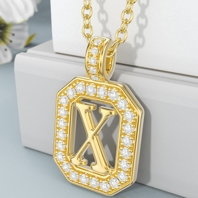 14K Gold Moissanite Square Pendant Necklace with Initial Letter X-3