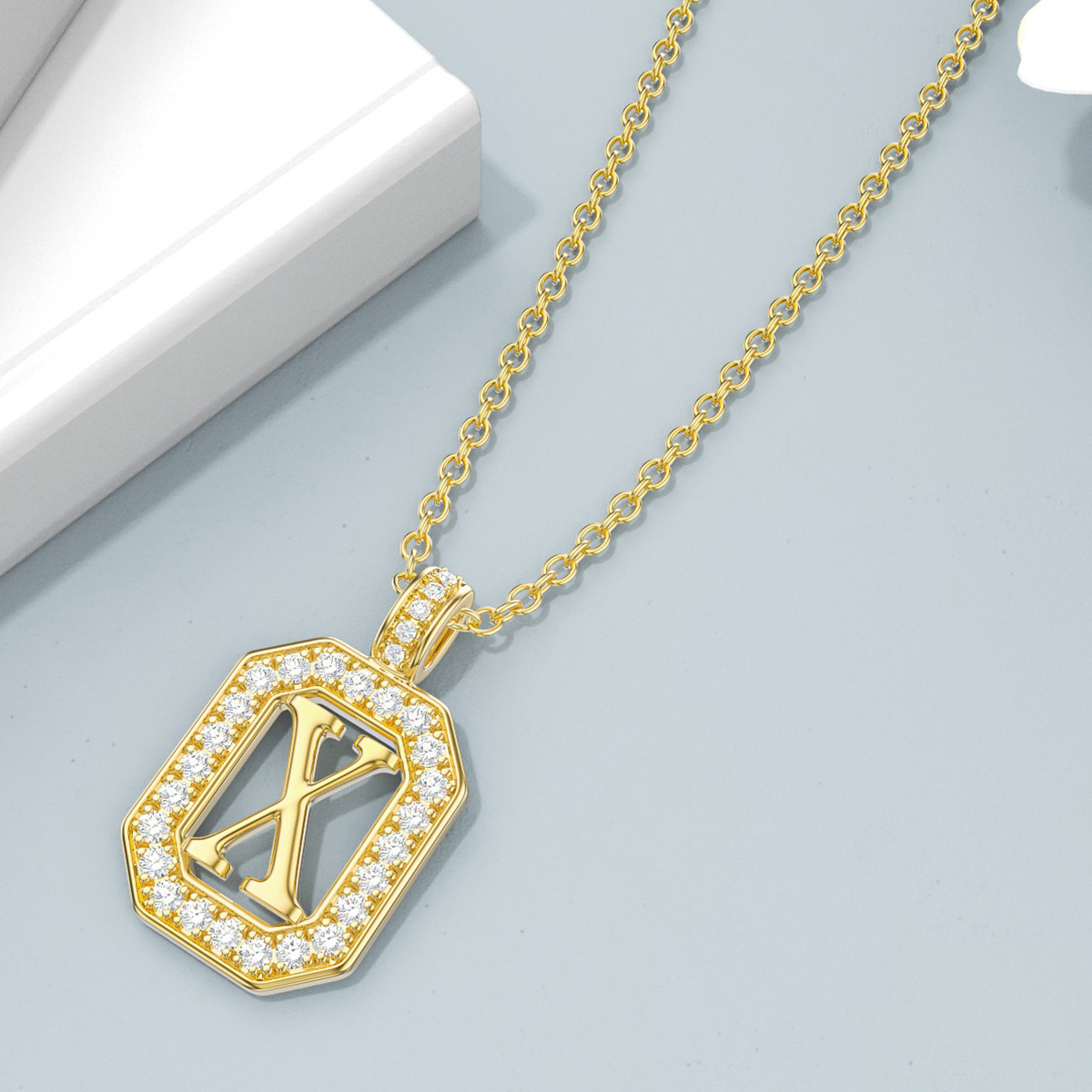 14K Gold Moissanite Square Pendant Necklace with Initial Letter X-4