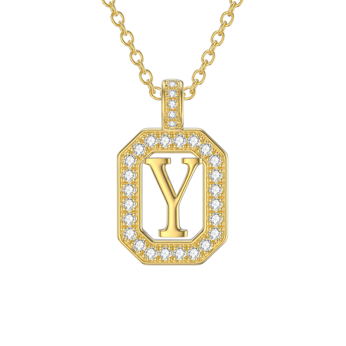 14K Gold Moissanite Square Pendant Necklace with Initial Letter Y-1