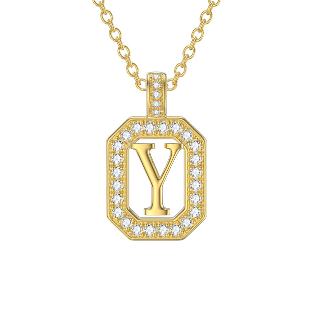 14K Gold Moissanite Square Pendant Necklace with Initial Letter Y-1