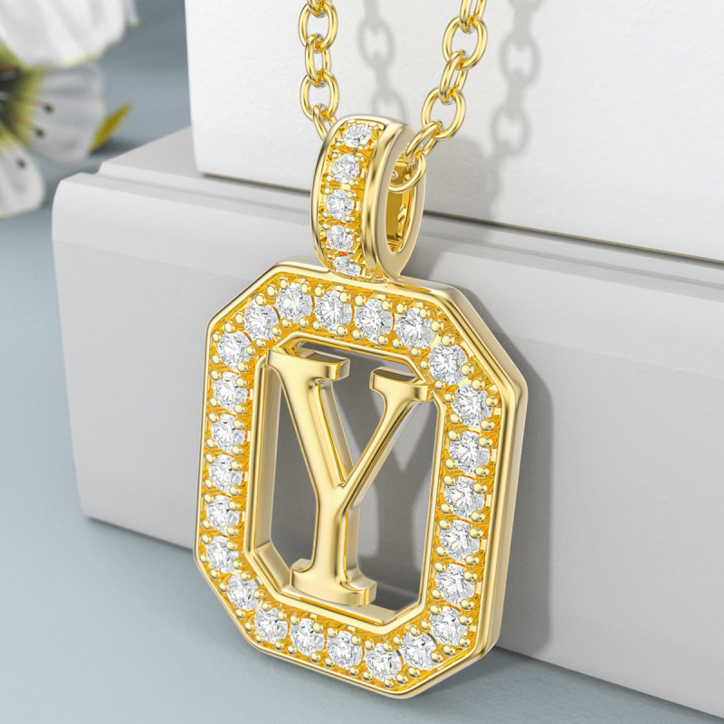 Colar com pendente quadrado Moissanite em ouro de 18K com a letra inicial Y-3