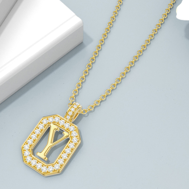 14K Gold Moissanite Square Pendant Necklace with Initial Letter Y-4