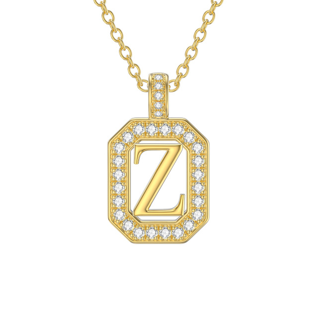 14K Gold Moissanite Square Pendant Necklace with Initial Letter Z-1