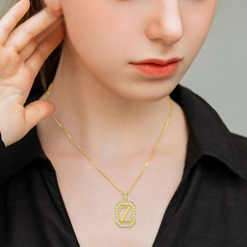 10K Gold Moissanite Square Pendant Necklace with Initial Letter Z-2