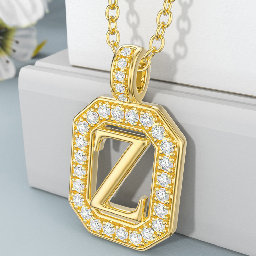 10K Gold Moissanite Square Pendant Necklace with Initial Letter Z-3