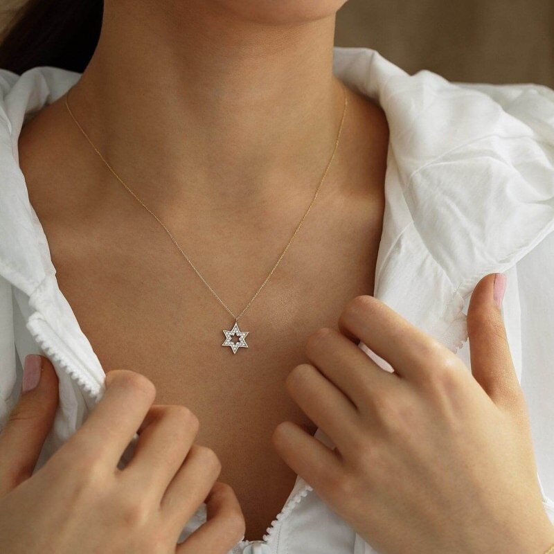 14Kゴールド モアッサナイト ダビデの星ペンダントネックレス-2