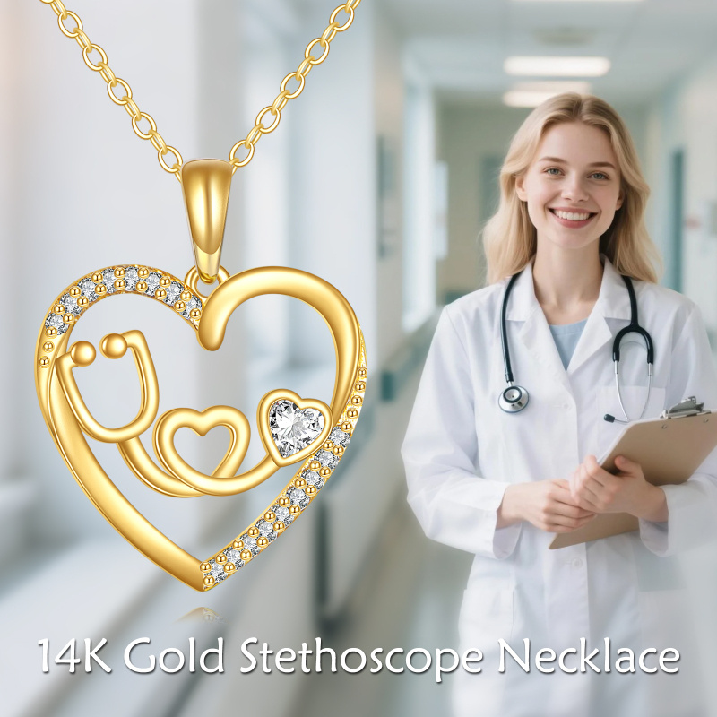 10K Gold Cubic Zirconia & Moissanite Stethoscope Pendant Necklace-5