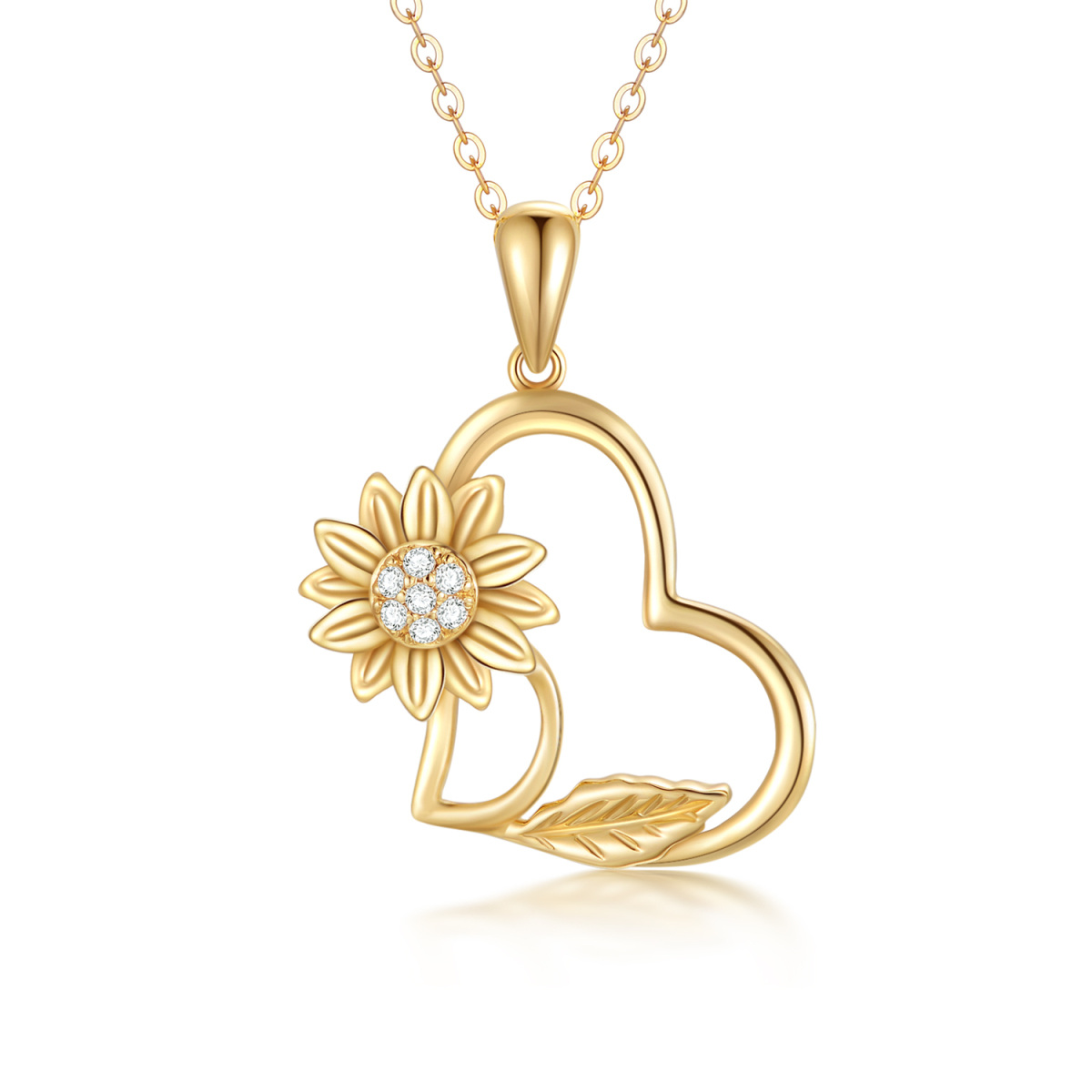 14K Gold Moissanite Sunflower & Heart Pendant Necklace-1