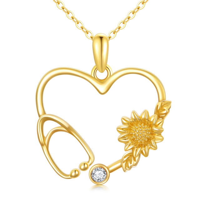 14K gouden moissaniet zonnebloem & hart & stethoscoop hanger ketting