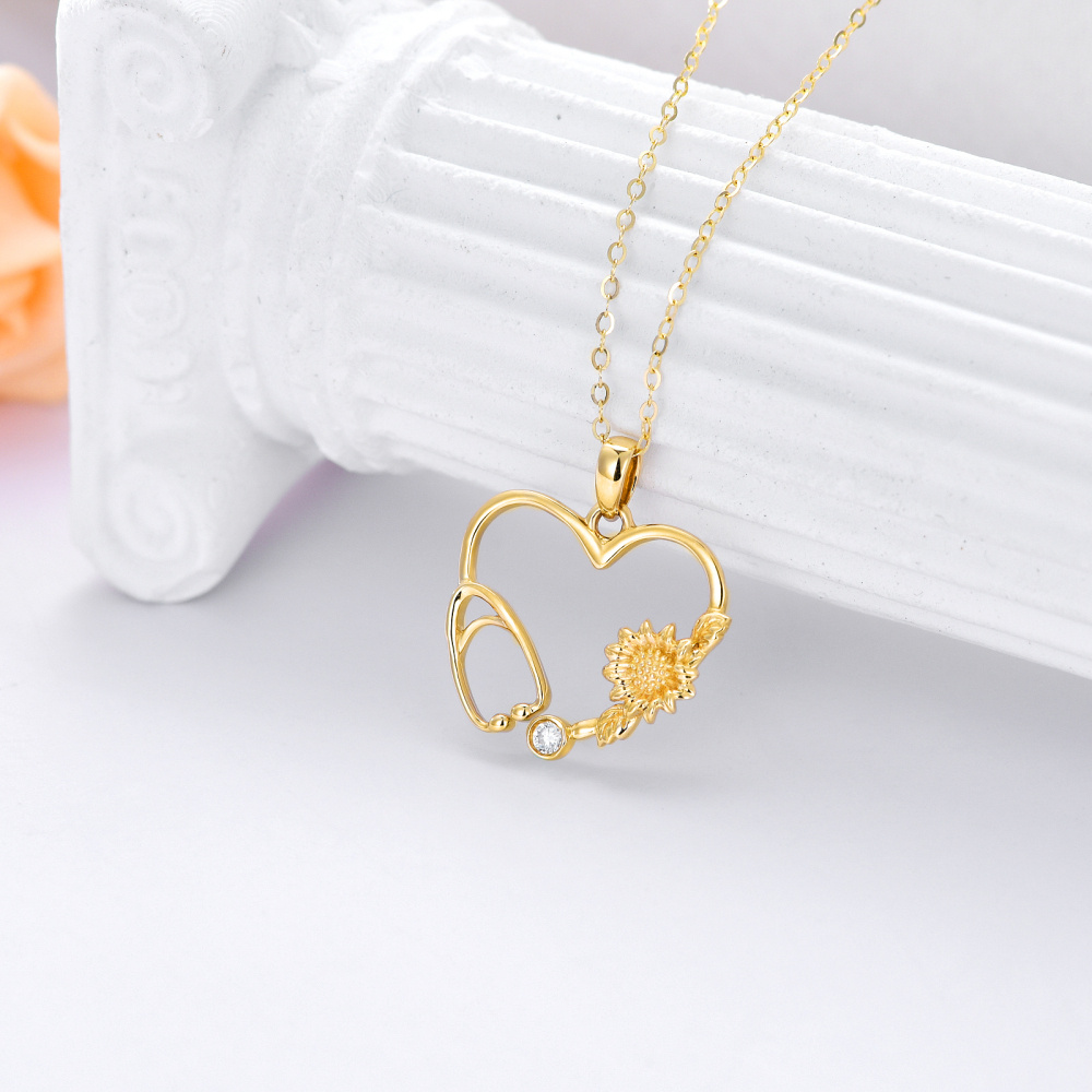 10K Gold Moissanite Sunflower & Heart & Stethoscope Pendant Necklace-3