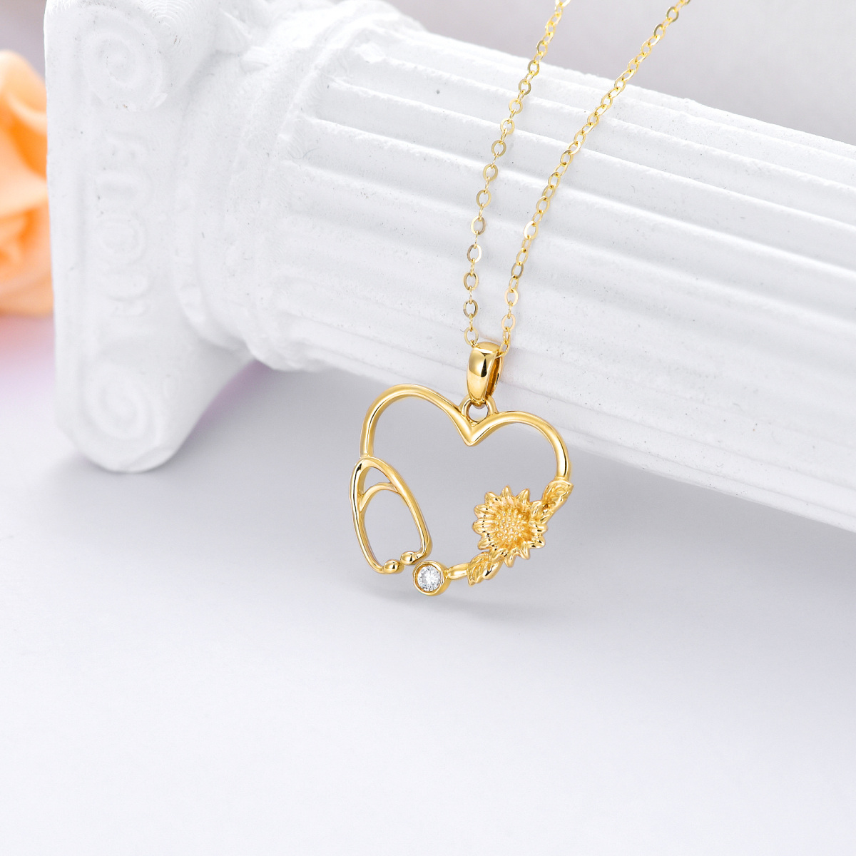 14K Gold Moissanite Sunflower & Heart & Stethoscope Pendant Necklace-3