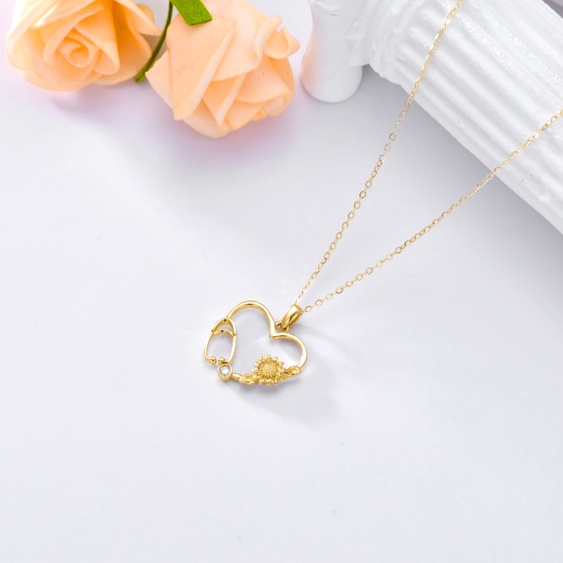 10K Gold Moissanite Sunflower & Heart & Stethoscope Pendant Necklace-4