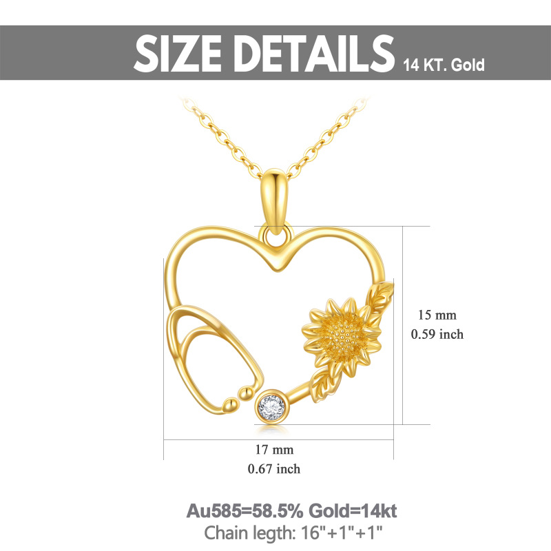 10K Gold Moissanite Sunflower & Heart & Stethoscope Pendant Necklace-5