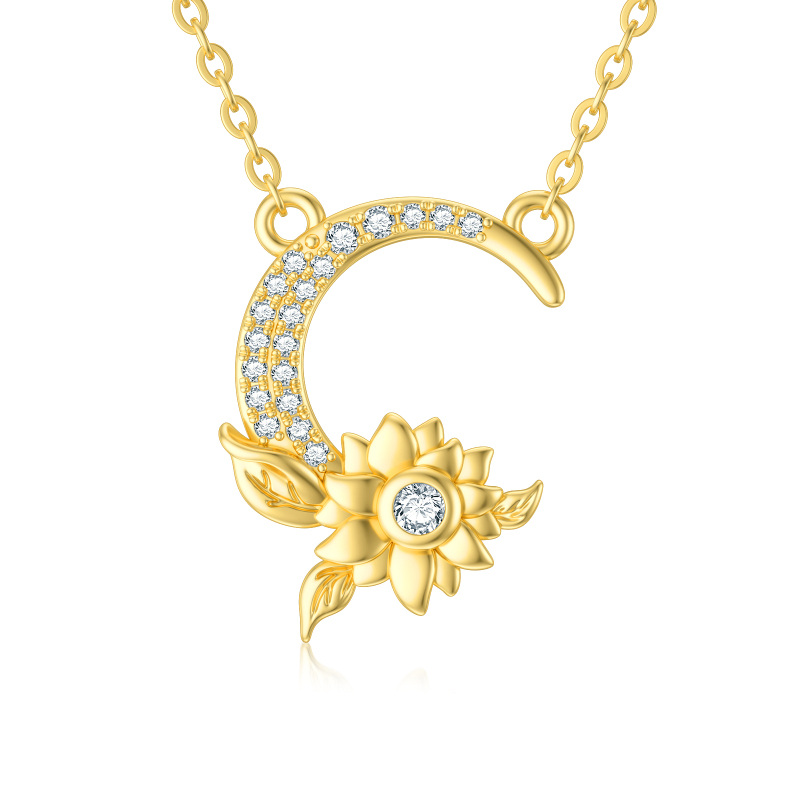 10K Gold Moissanite Sunflower & Moon Pendant Necklace-6
