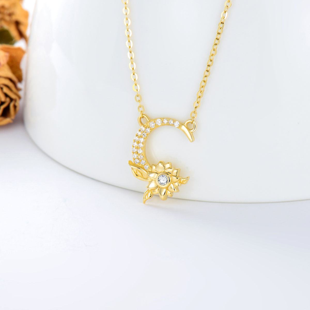 14K Gold Moissanite Sunflower & Moon Pendant Necklace-3