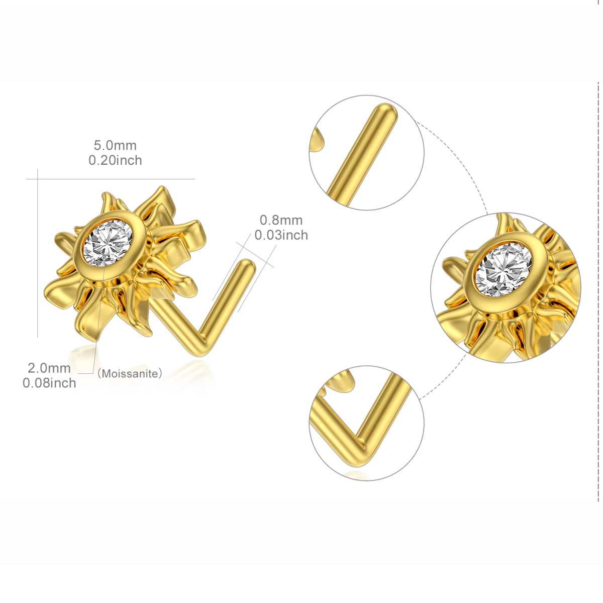 Anneau de nez en or 14 carats avec moissanite et tournesol-6