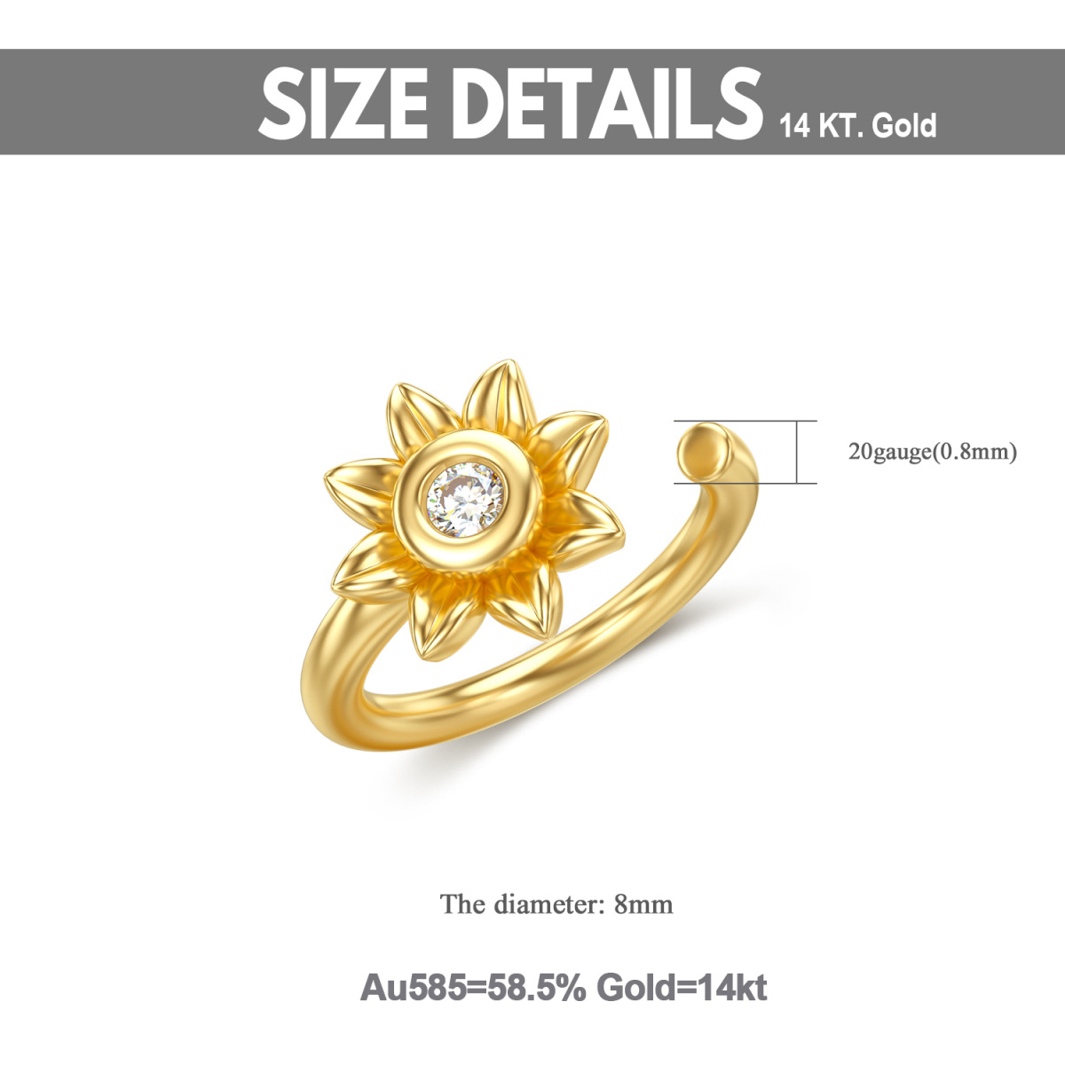 10K Gold Moissanite Sunflower Nose Ring-5