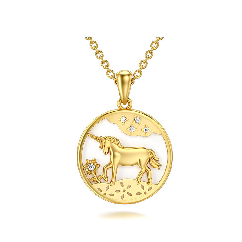 14K Gold Moissanite Sunflower & Unicorn Pendant Necklace-1