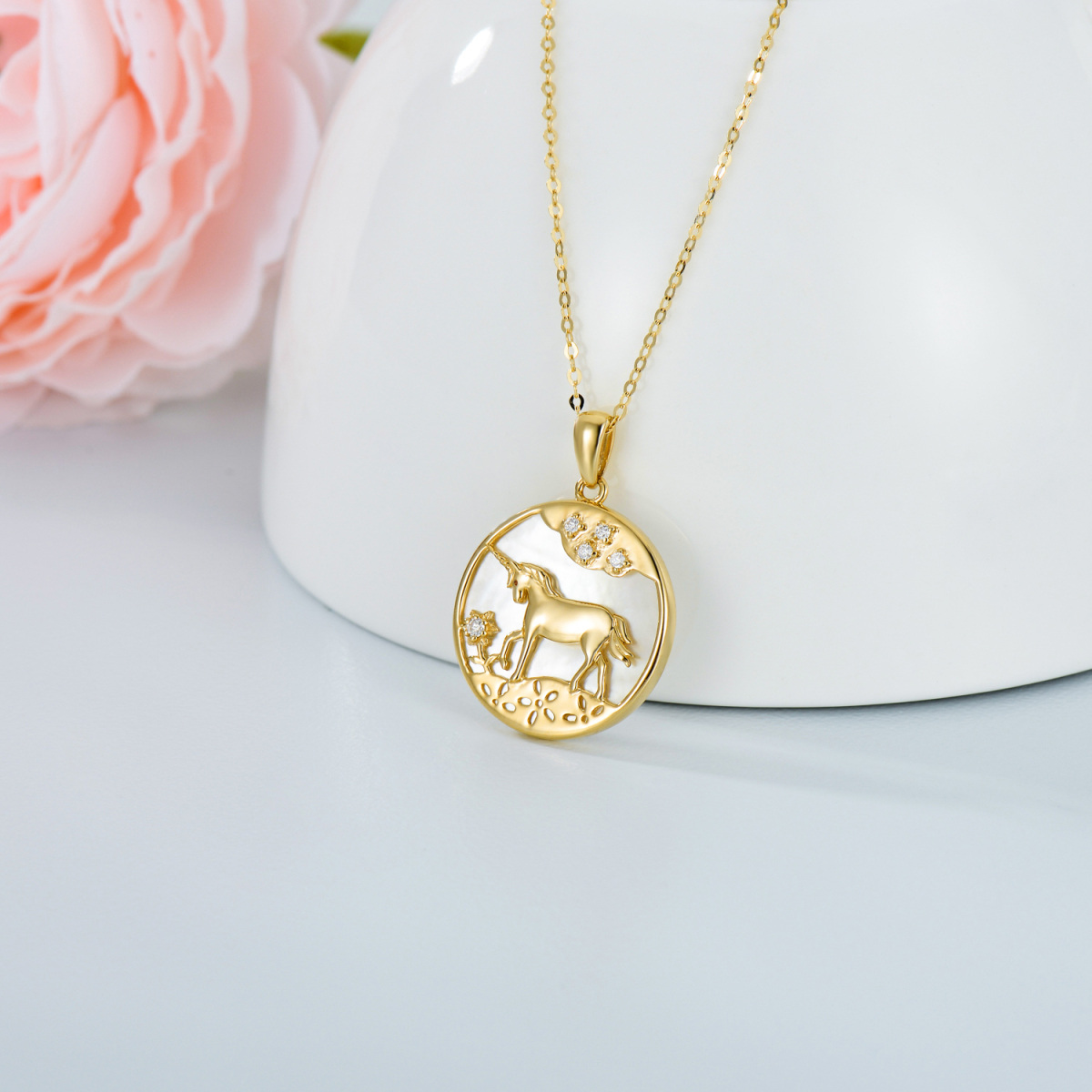 14K Gold Moissanit Sonnenblume & Einhorn Anhänger Halskette-3