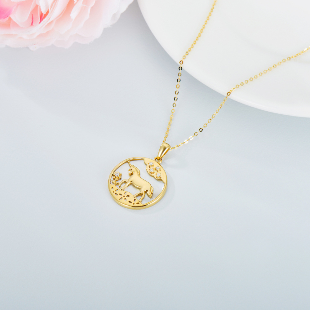 10K Gold Moissanite Sunflower & Unicorn Pendant Necklace-4