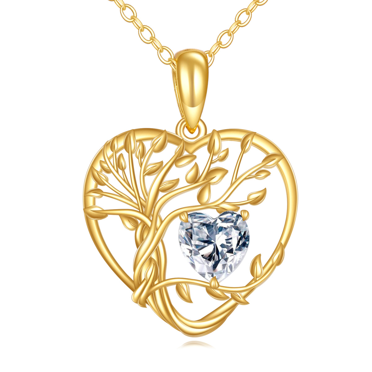 Collana con ciondolo a forma di cuore con albero della vita in moissanite in oro 14K-1