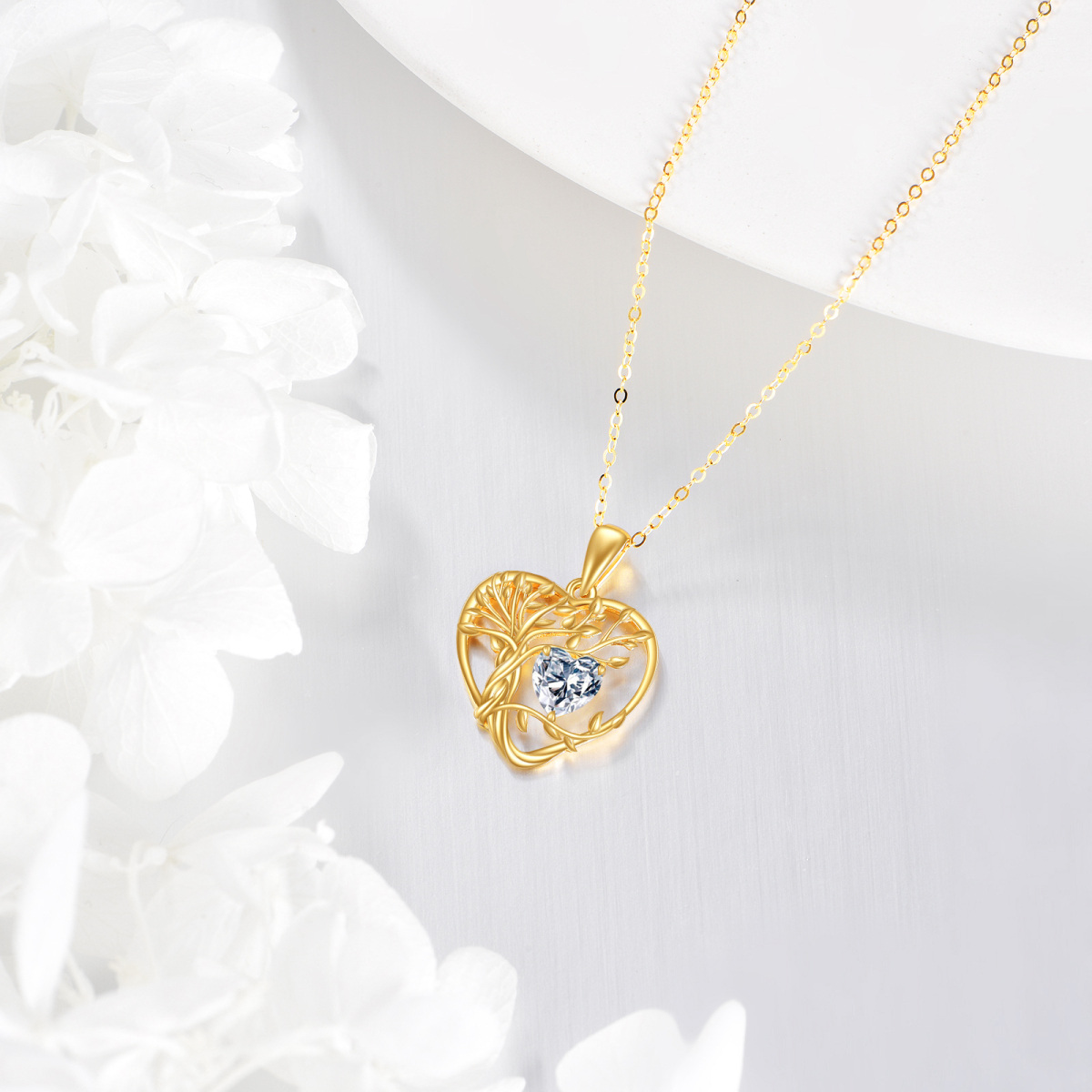 14K Gold Moissanite Tree Of Life & Heart Pendant Necklace-4