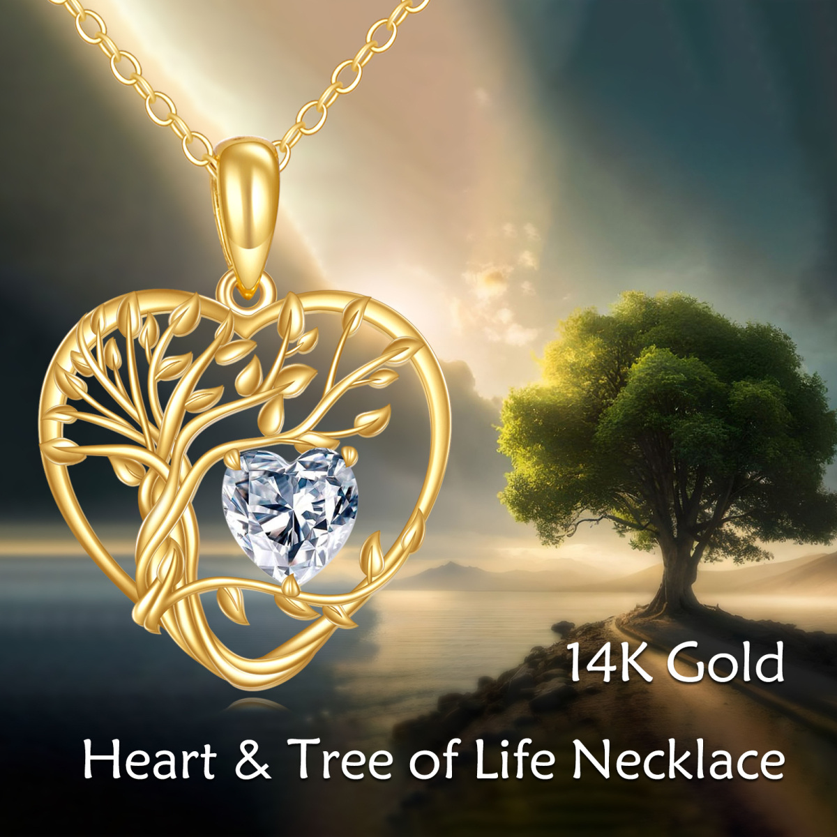 Collier avec pendentif cœur en or 14 carats et moissanite, arbre de vie-6