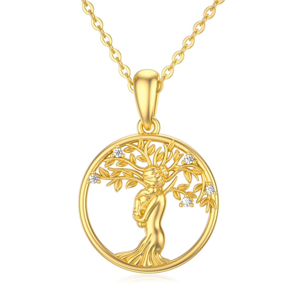 10K Gold Moissanite Tree Of Life Mother & Daughter Pendant Necklace-1