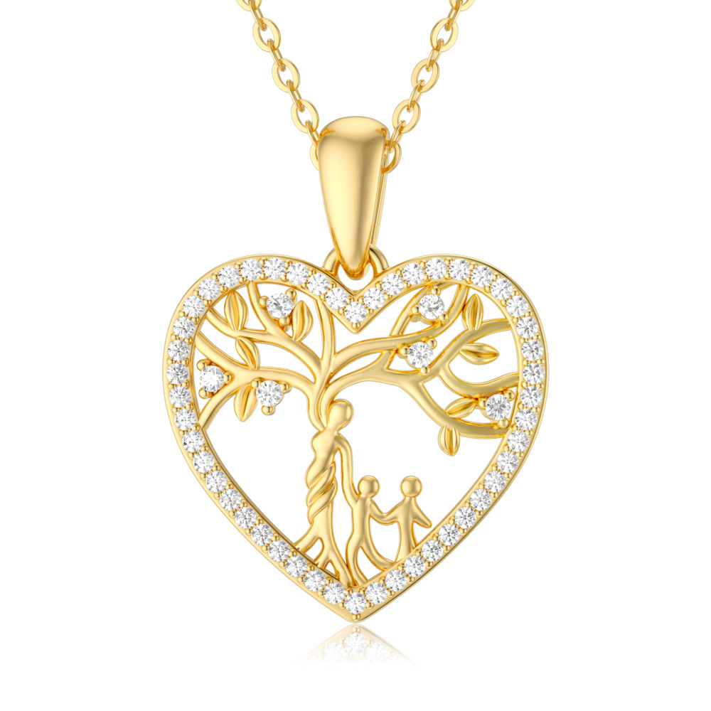 10K Gold Moissanite Tree Of Life & Mother Heart Pendant Necklace-1