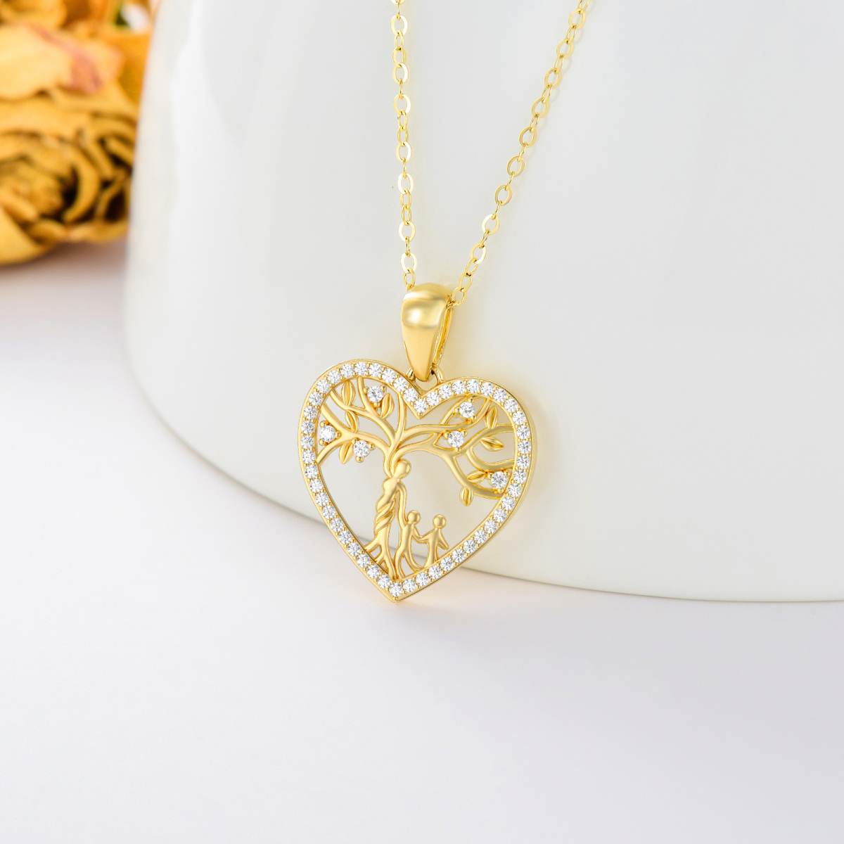 Colar com pingente de árvore da vida e coração de mãe em ouro Moissanite 14K-3