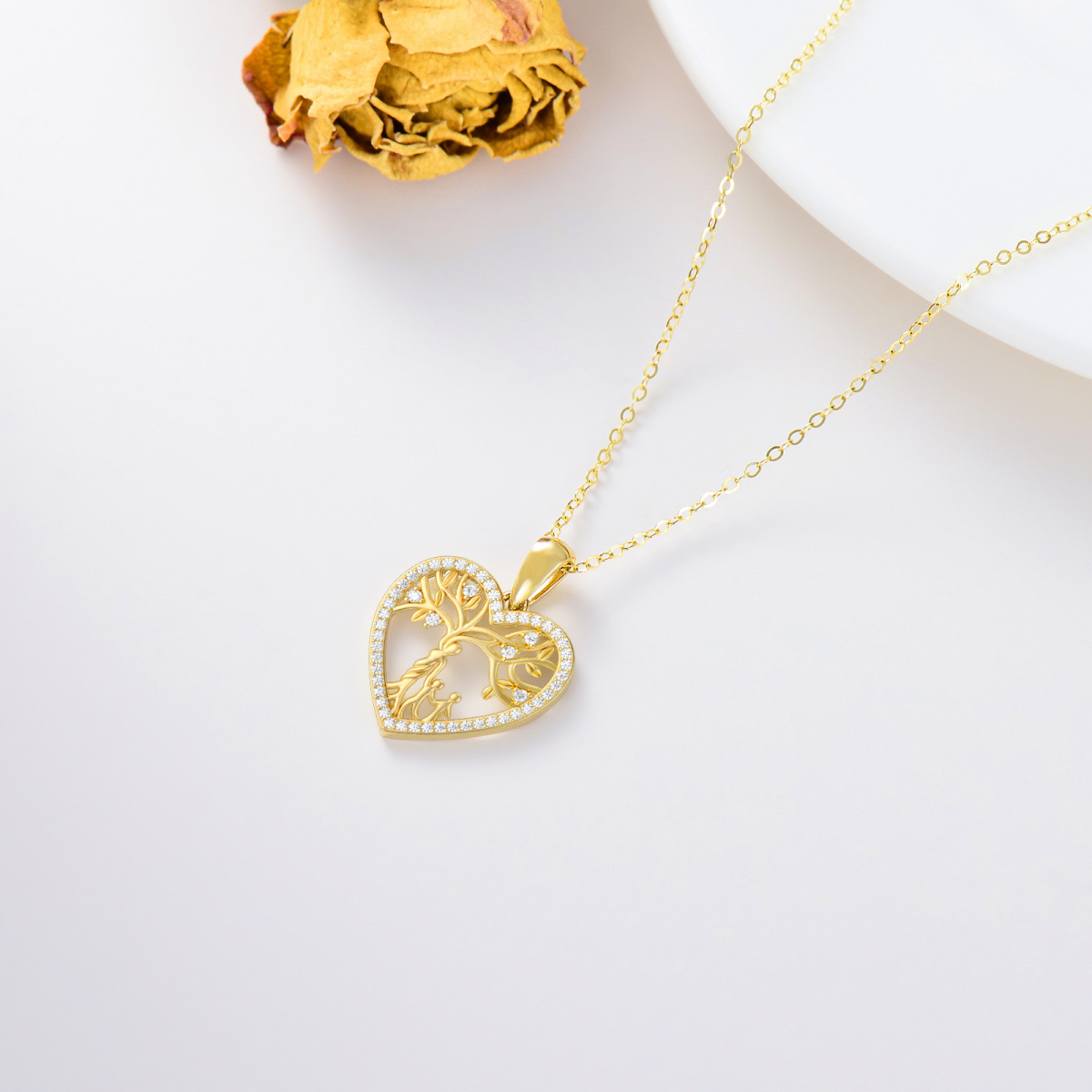 Colar com pingente de árvore da vida e coração de mãe em ouro Moissanite 14K-4