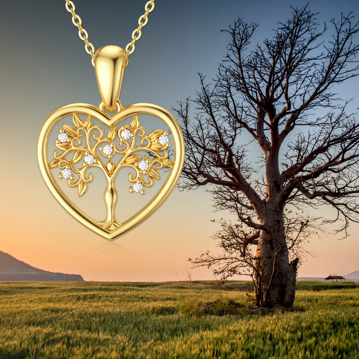 Collier pendentif arbre de vie en or 14K Moissanite-4