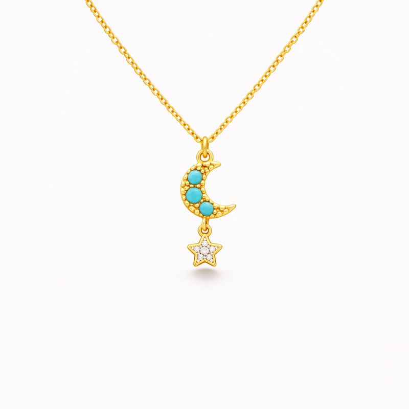 14-Karat-Gold-Anhänger-Halskette mit Moissanit und Türkis in Herz- und Sternmotiven-1