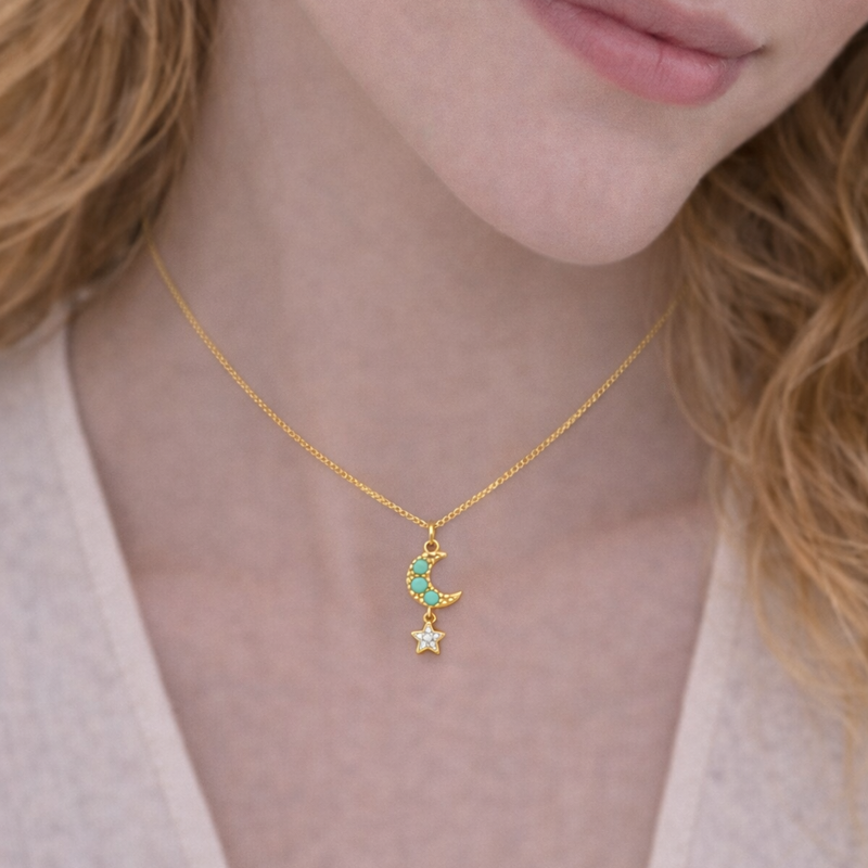 14-Karat-Gold-Anhänger-Halskette mit Moissanit und Türkis in Herz- und Sternmotiven-2