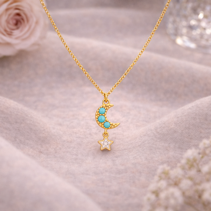 14-Karat-Gold-Anhänger-Halskette mit Moissanit und Türkis in Herz- und Sternmotiven-3