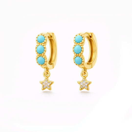 10K Gold Moissanite & Turquoise Star Drop Earrings