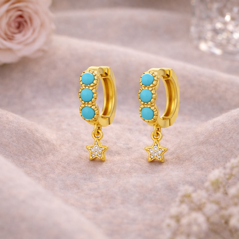 Pendientes de gota con estrella en oro de 14 quilates, moissanita y turquesa-3