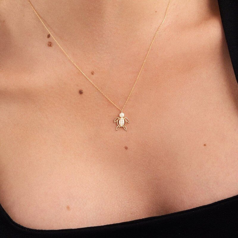 10K Gold Moissanite Turtle Pendant Necklace-2