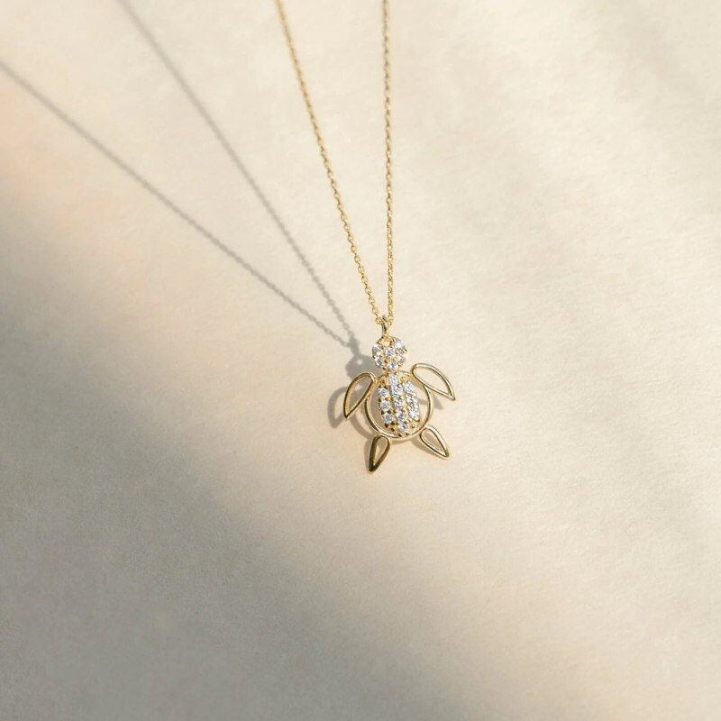 10K Gold Moissanite Turtle Pendant Necklace-3