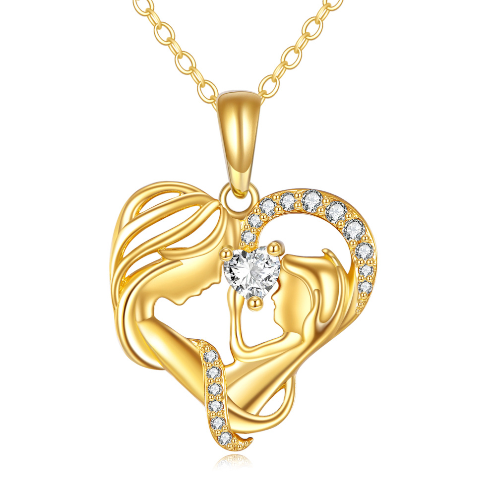Collar con colgante de mamá y bebé de circonita cúbica en forma de corazón de oro de 14 quilates para nueva mamá-1
