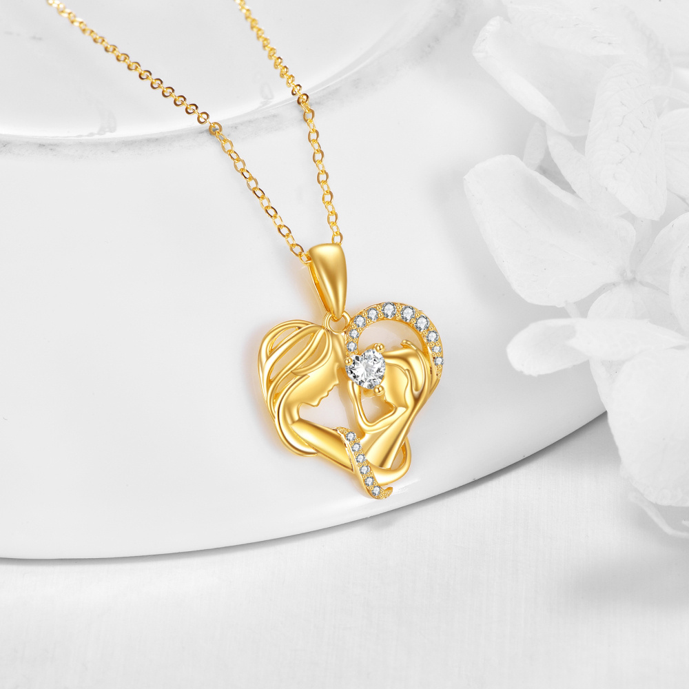 Collar con colgante de mamá y bebé de circonita cúbica en forma de corazón de oro de 14 quilates para nueva mamá-3