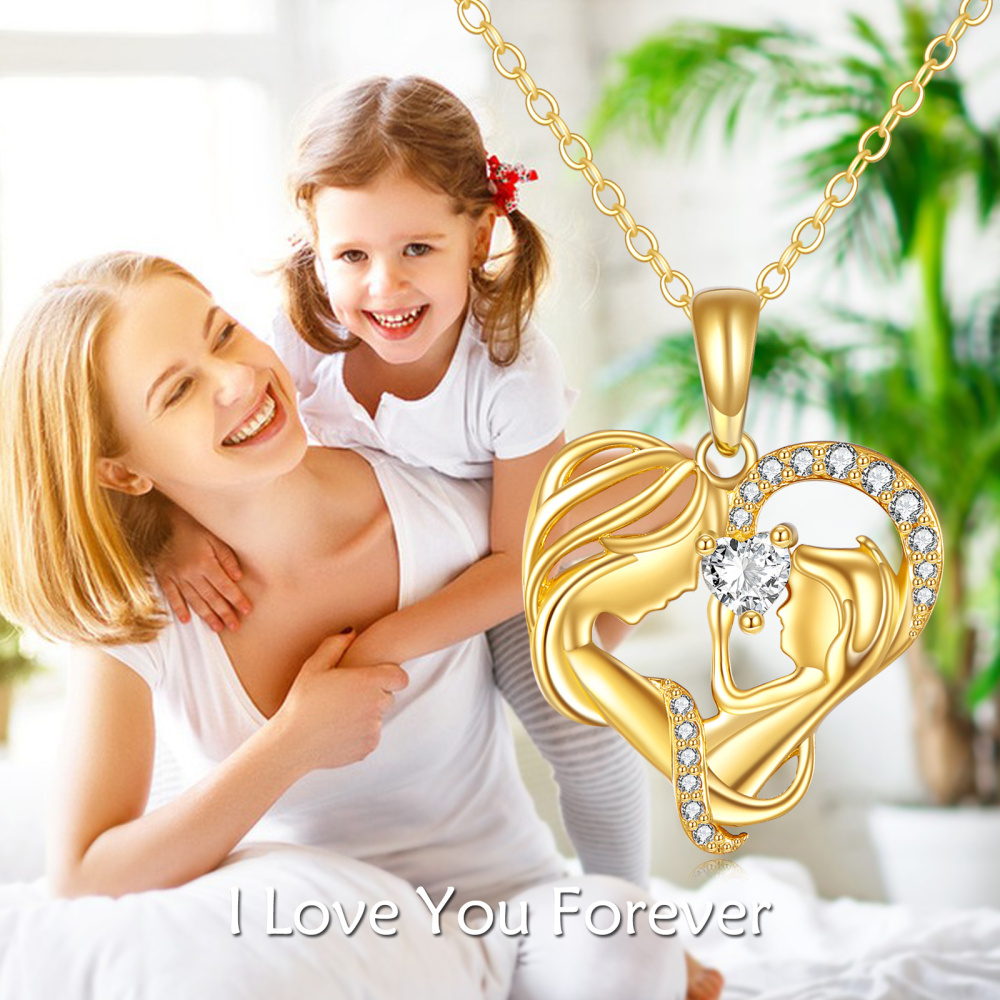 Collar con colgante de mamá y bebé de circonita cúbica en forma de corazón de oro de 14 quilates para nueva mamá-5