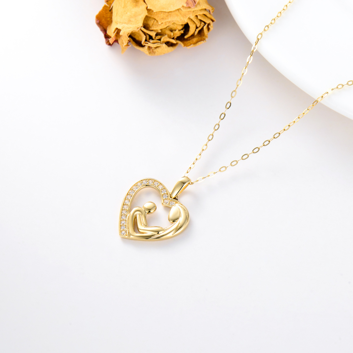 10K Gold Cubic Zirconia Mom Holds Baby Heart Pendant Necklace-4