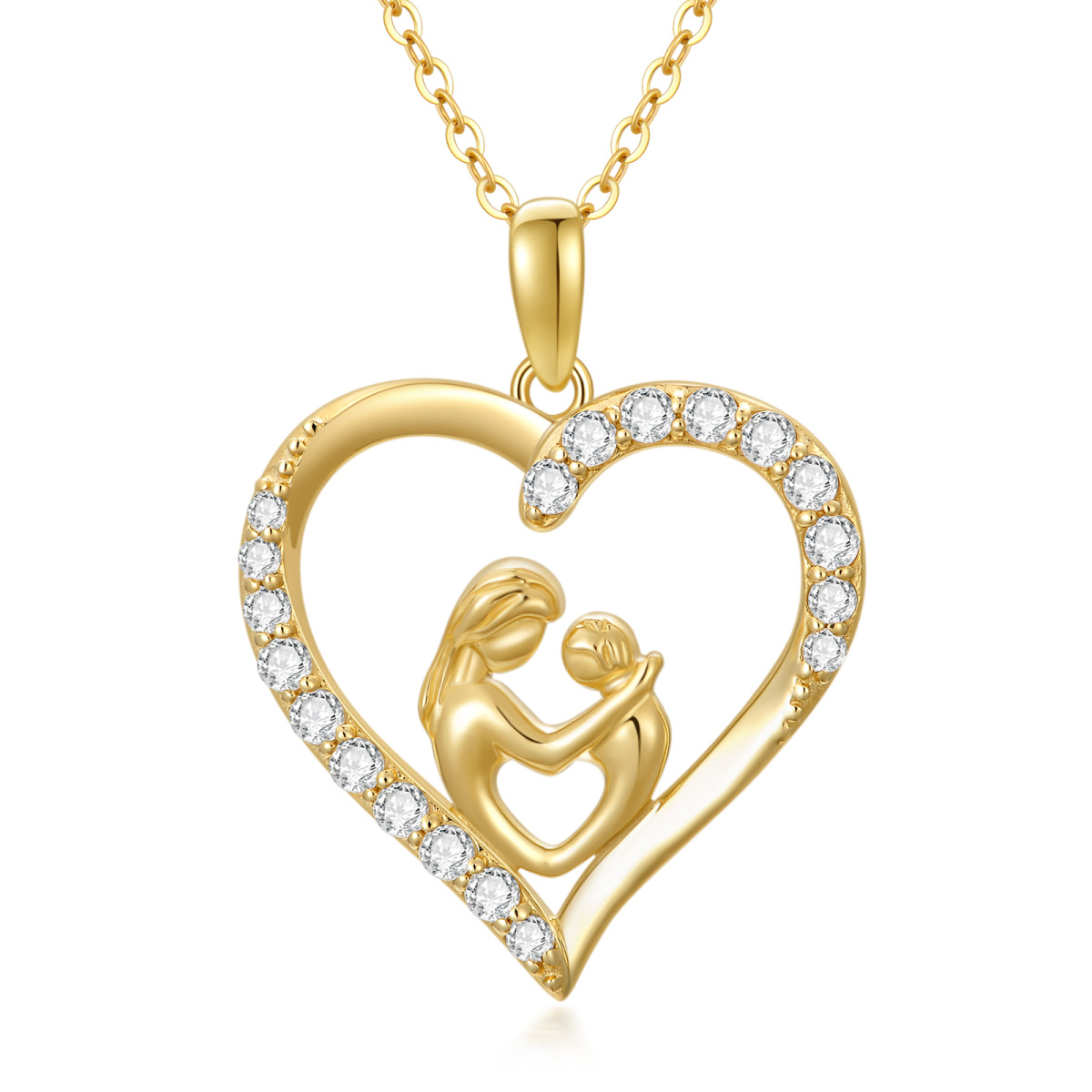 18K Gold Cubic Zirconia Mom Hug Kids Heart Pendant Necklace-1