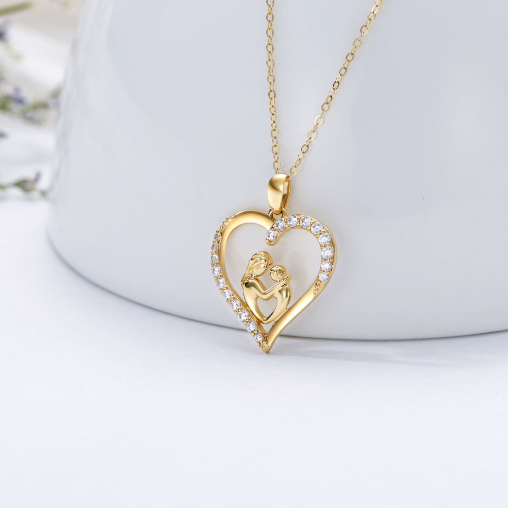 10K Gold Cubic Zirconia Mom Hug Kids Heart Pendant Necklace-3