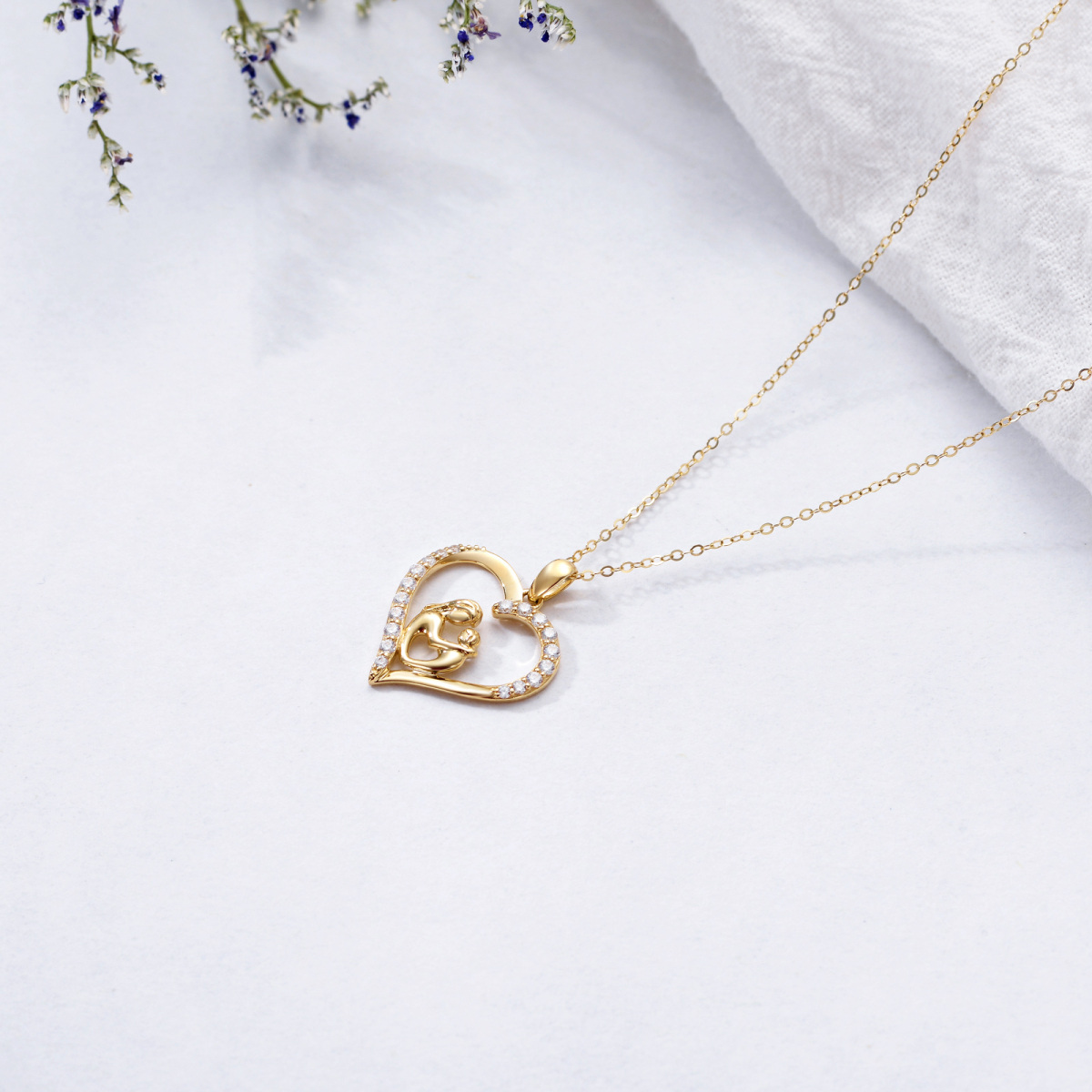 14K Gold Cubic Zirconia Mom Hug Kids Heart Pendant Necklace-4