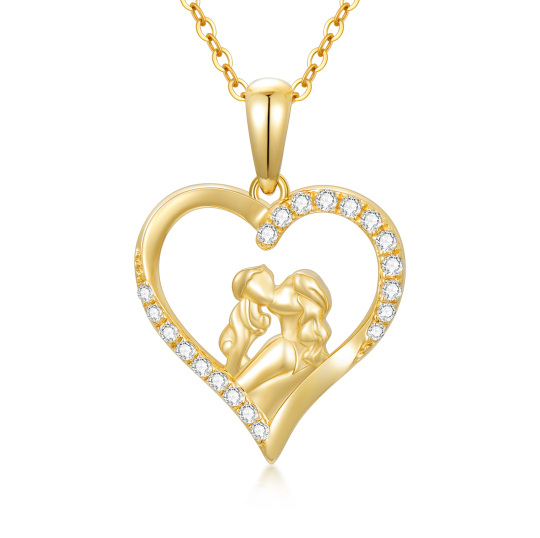 Collana con ciondolo a cuore in oro 14K con zirconi mamma-bacio-bambino