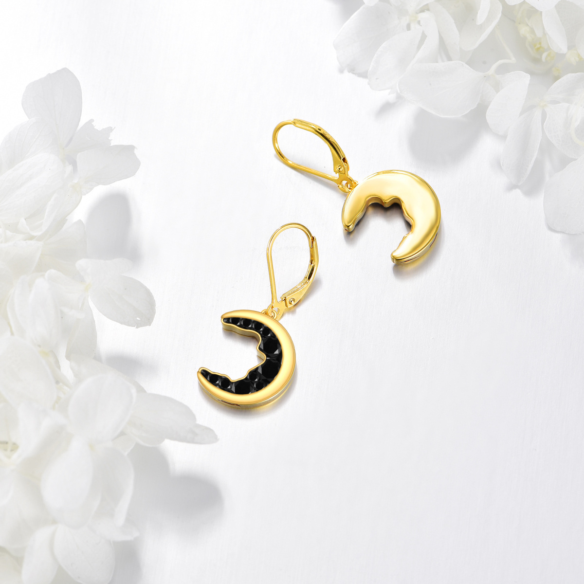 Sterling Silver with Yellow Gold Plated Cubic Zirconia Moon Lever-back Earrings-3
