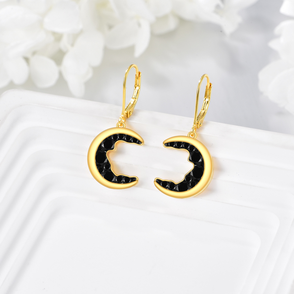 Sterling Silver with Yellow Gold Plated Cubic Zirconia Moon Lever-back Earrings-4