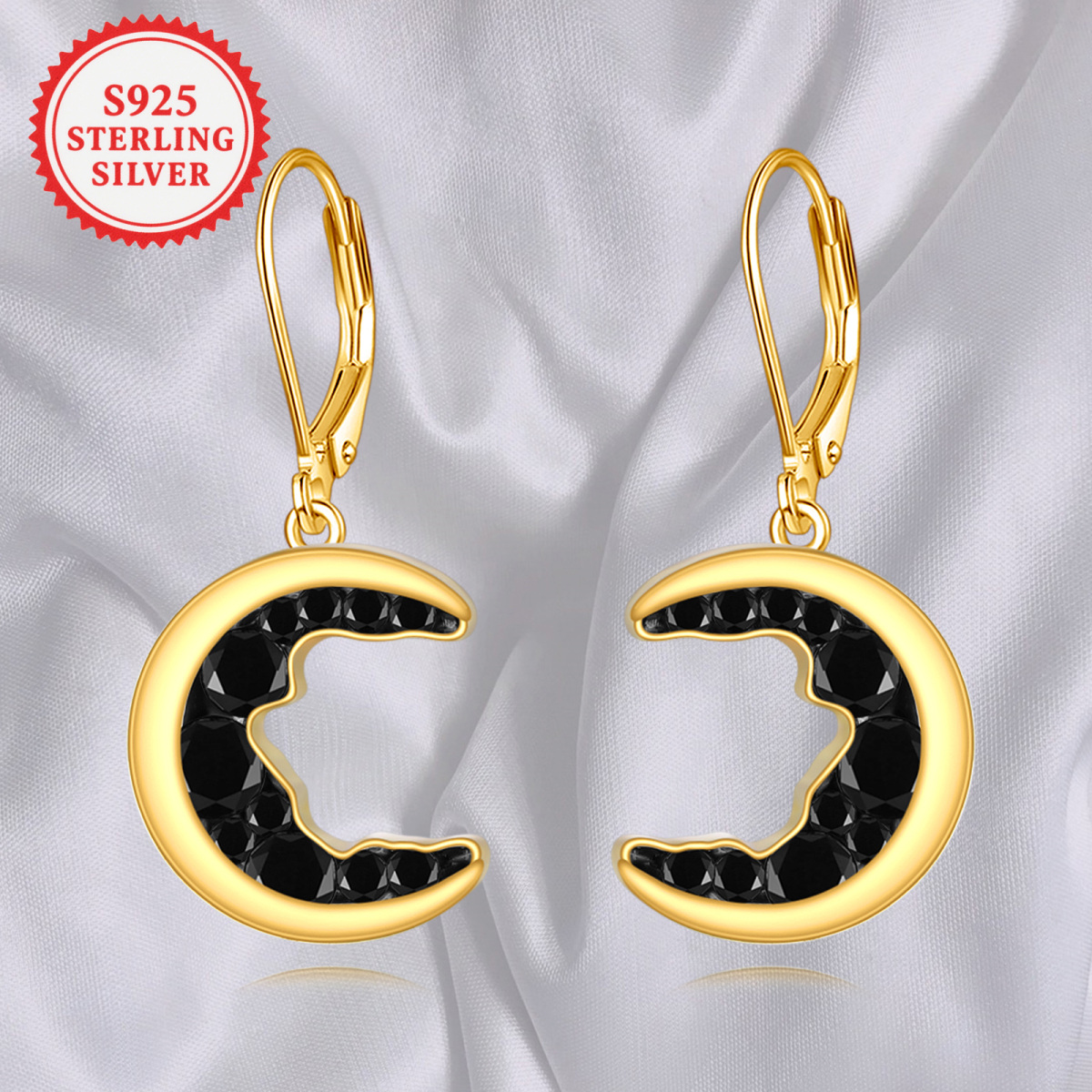 Sterling Silver with Yellow Gold Plated Cubic Zirconia Moon Lever-back Earrings-5